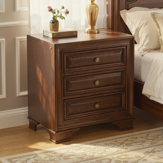 Sunvega Brown Cherry Solid Wood Transitional Nightstand with USB Outlet and Nightlight