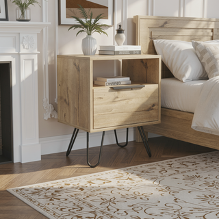 Sunvega Single Door Cabinet Nightstand with Hairpin Legs and Two Shelves