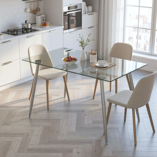 Sunvega Modern Rectangular Glass Dining Table with Tempered Tabletop and Silver Metal Legs