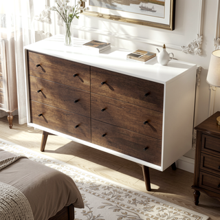 Sunvega Mid Century Modern White Dresser 6 Drawer Solid Wood Storage for Bedroom