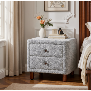 Sunvega Grey Boucle Upholstered Nightstand with Two Drawers and Wooden Legs