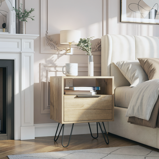 Sunvega Light Oak Nightstand with Single Door Cabinet and Open Shelf