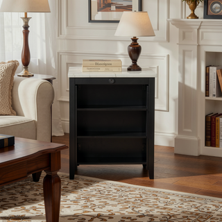 Sunvega Black Dining Table with Side Storage Shelves and Boucle Fabric Stools