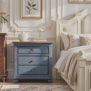 Sunvega 3-Drawer Nightstand with Corduroy Blue Finish and Antique Pewter Hardware