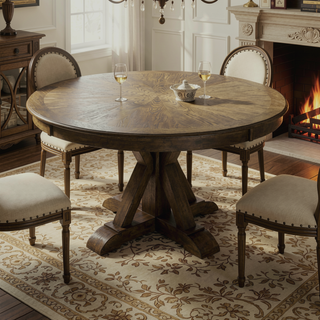 Sunvega Light Oak Finish Round Dining Table with Pedestal Base in Rustic Style