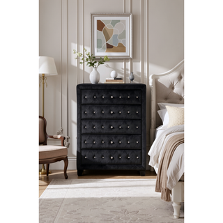 Sunvega Sophia Cream Velvet Upholstered Crystal Tufted 5-Drawer Chest for Bedroom
