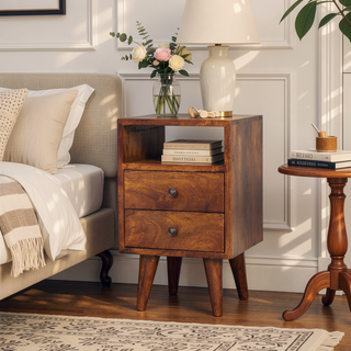 Sunvega Solid Wood Mini Classic Chestnut Bedside Table with 2 Drawers