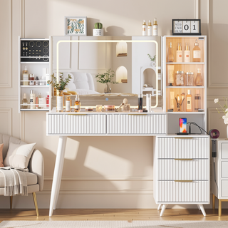 Sunvega Fluted Panel Makeup Vanity Desk with Mirror Lights and 11 Drawers