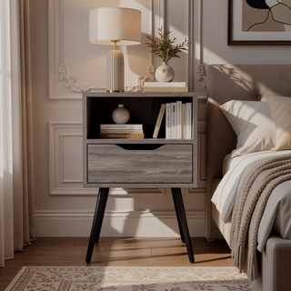 Sunvega Smokey Oak and White Finish Nightstand with Open Shelf and Drawer