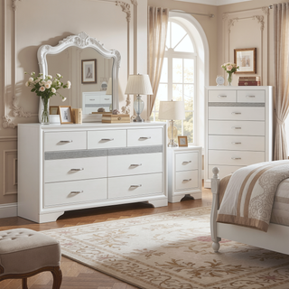 Sunvega White and Silver Glitter Nightstand with Hidden Felt-Lined Jewelry Drawer