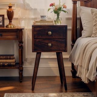 Sunvega Solid Mango Wood Bedside with Two Drawers and Scandinavian Legs