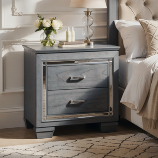 Sunvega Silver Faux Alligator Embossed Nightstand with 2 Dovetail Drawers and LED Lighting