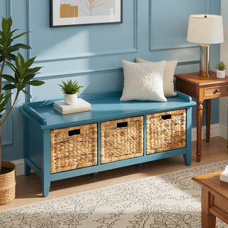 Sunvega Beige and Teal Storage Bench with Three Spacious Rattan Drawer Baskets