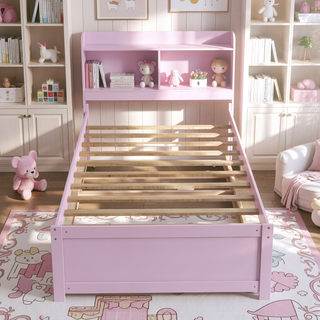 Sunvega White Twin Trundle Bed with Storage Headboard and Bookcase