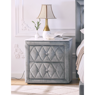 Sunvega Gray Fabric Upholstery Nightstand with Faux Marble Top and Two Drawers