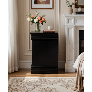 Sunvega Sleek Black Nightstand with Two Spacious Drawers and Brushed Nickel Handles