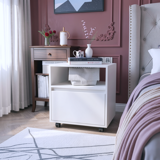Sunvega Duncan Nightstand with Top Open Shelf and Large Drawer on Casters