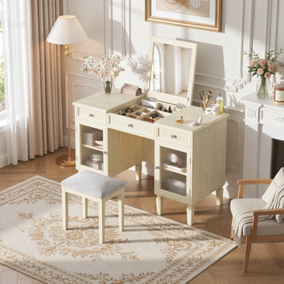 Sunvega White Oak Vanity Desk with Flip-Top Mirror and Stool for Dressing Room