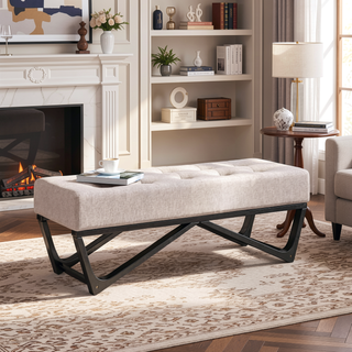 Sunvega Modern Ottoman Bench with Button-Tufted Waffle Stitch and Geometric Legs