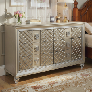 Sunvega Glamorous Champagne Finish Nightstand with 2 Dovetail Drawers and Beveled Mirror Trim