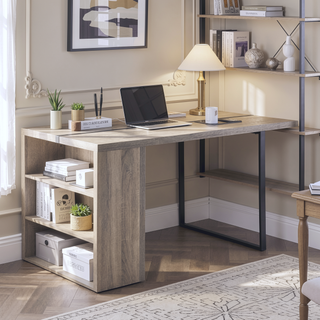 Sunvega Grey Oak and Black 2-Shelf Dining Table with Modern Metal Inlay Trim