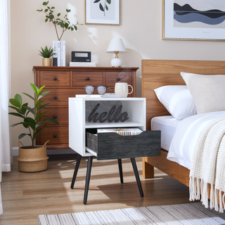 Sunvega Smokey Oak and White Nightstand with 1 Drawer and Shelf