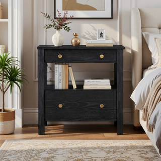 Sunvega Modern Dark Finish 2 Drawer Nightstand with Gold Knobs
