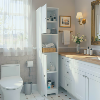 Sunvega Two Single Door Linen Cabinet with Four Interior and One Open Shelf