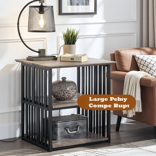 Sunvega Industrial Antique Oak & Black Finish Nightstand with 2 Open Compartments