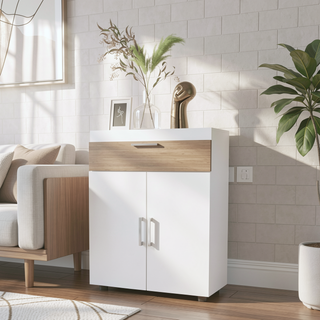 Sunvega White and Oak Lift-Up Compartment Shoe Rack with Concealed Storage