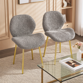 Sunvega Modern Minimalist White Teddy Velvet Dining Chairs Set of 2 with Gold Metal Legs