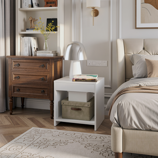 Sunvega Modern White Manufactured Wood Nightstand with Spacious Lower Shelf