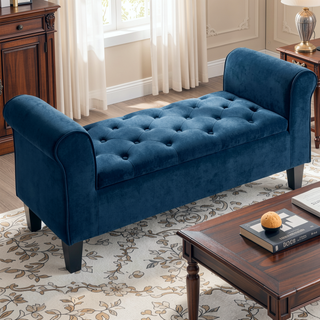 Sunvega Button-Tufted Velvet Ottoman Bench with Rolled Armrests and Storage for Living Room