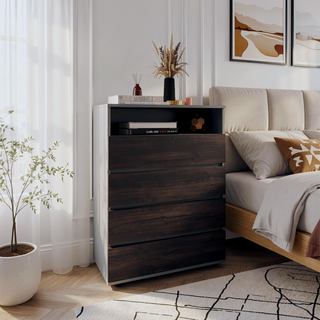 Sunvega Matt Gray and Dark Oak 4 Drawer Dresser with Open Shelf for Storage