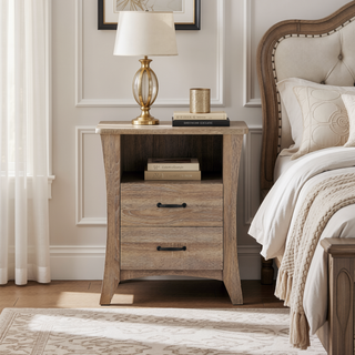 Sunvega Rustic Natural Nightstand with Two Drawers and One Open Storage Shelf