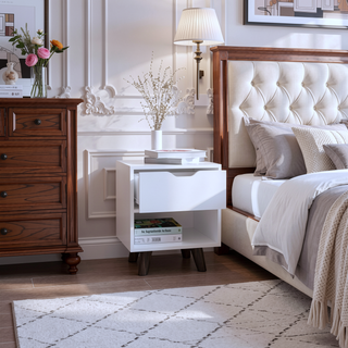 Sunvega Modern Nightstand with Open Shelf and Drawer on Wooden Legs