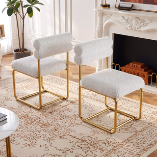 Sunvega Set of Two White Teddy Plush Dining Chairs with Golden Wrought Iron Legs