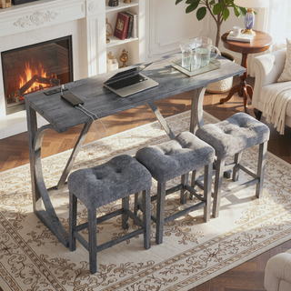Sunvega 59 Inch Bar Table Set with Power Outlet and 3 Upholstered Stools for Living Room