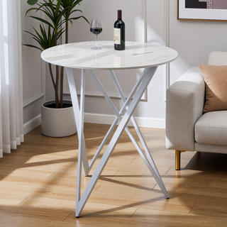 Sunvega White and Chrome Faux Marble Round Top Bar Table for Contemporary Style
