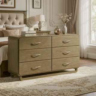 Sunvega Modern Six-Drawer Dresser with Nutmeg Wood Finish and Matte Nickel Hardware