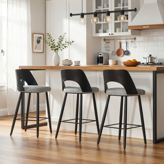 Sunvega Grey Linen Look Fabric Counter Height Stool with Black Brushed Wood Back