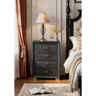 Sunvega Glam Style Black Nightstand with Gold Metal Hardware and Two Drawers