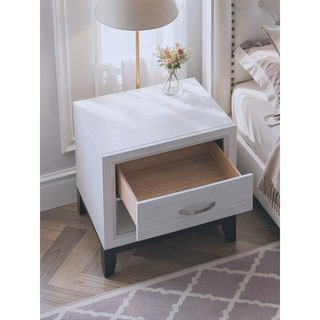 Sunvega White Laminate Nightstand with Wood Grain Detailing and Two Spacious Drawers