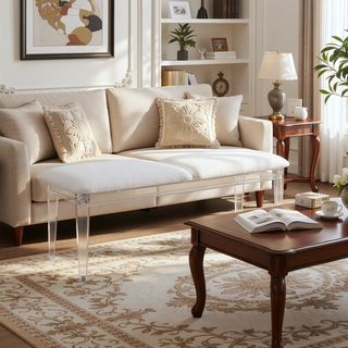 Sunvega Padded Seating Bedroom Bench with White Upholstery and Acrylic Legs