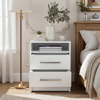 Sunvega White Modern Bedside Table with Spacious Drawers and Open Shelf