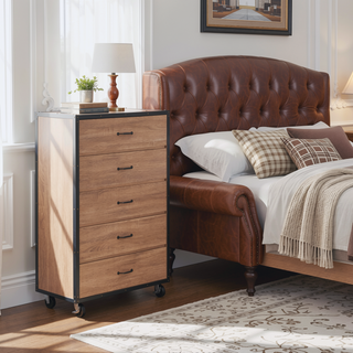Sunvega Weathered Light Oak 5-Drawer Chest with Side Metal Glides and Industrial Caster Wheels