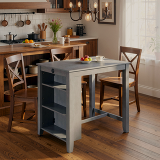 Sunvega Modern Gray Wood Counter Height Dining Table with USB Ports and Shelves