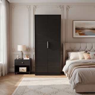 Sunvega Modern Double Door Wardrobe with Hanging Rod and Shelves Black