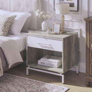 Sunvega Weathered Gray Oak and White Finish Nightstand with Drawer and Shelf