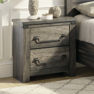 Sunvega Rustic Gray Farmhouse Nightstand with Antique Brass Drop Handles and 2 Drawers